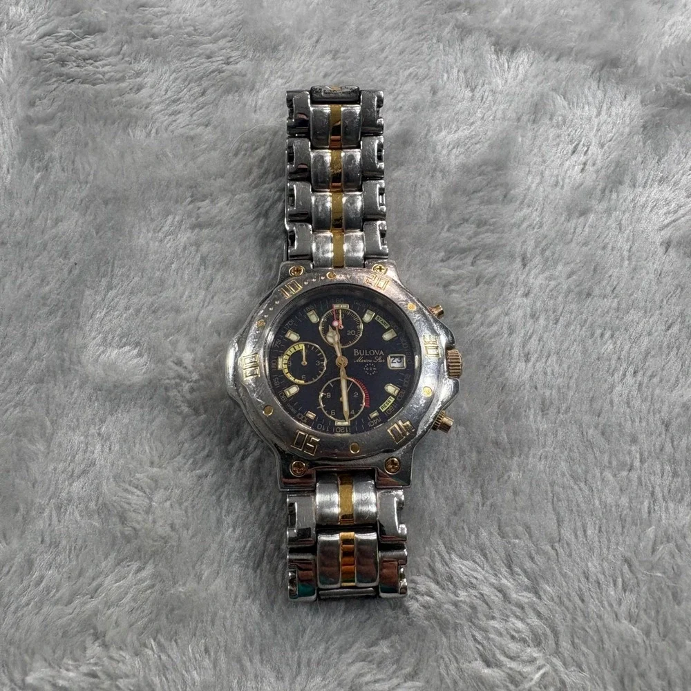 Bulova Marine Star Watch Men OS60 Blue Dial Silver Gold Chronograph Tachymeter